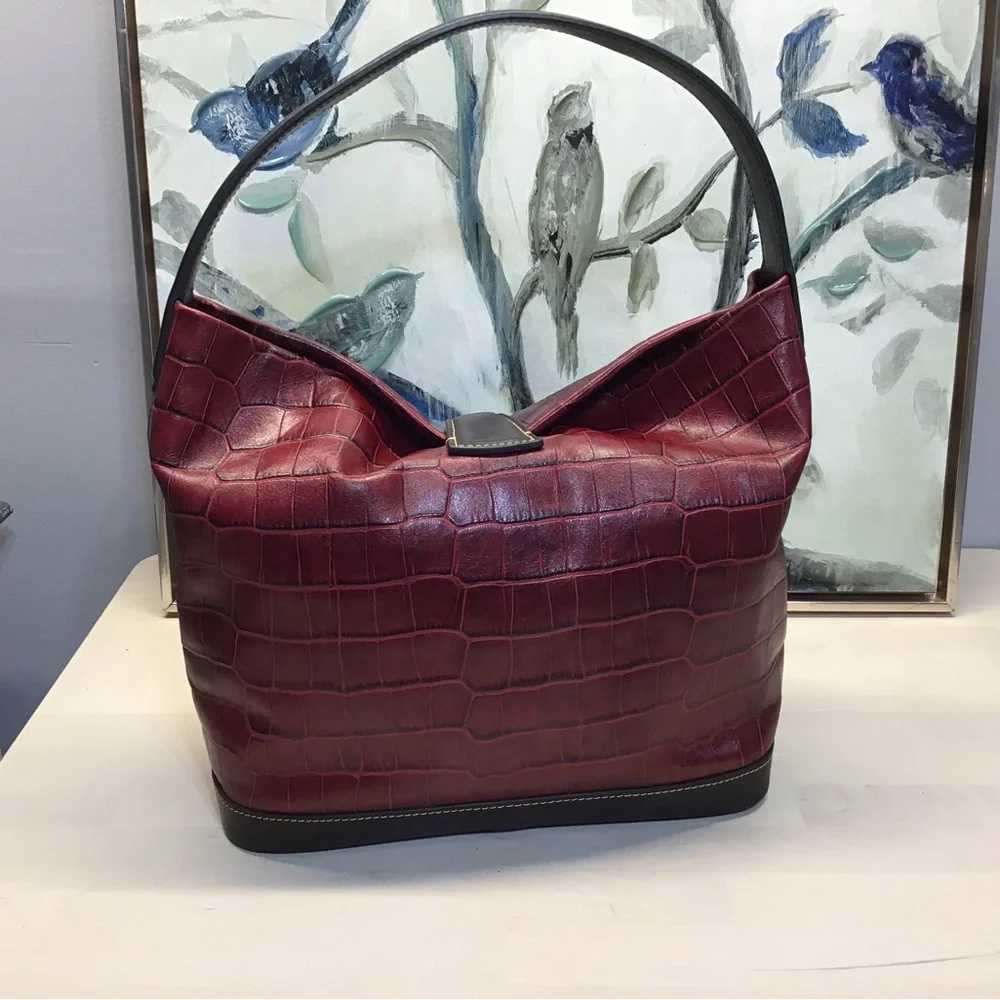 Dooney & Bourke Red Croc Embossed Italian Leather Dennison Hobo Shoulder Bag - Picture 6 of 16